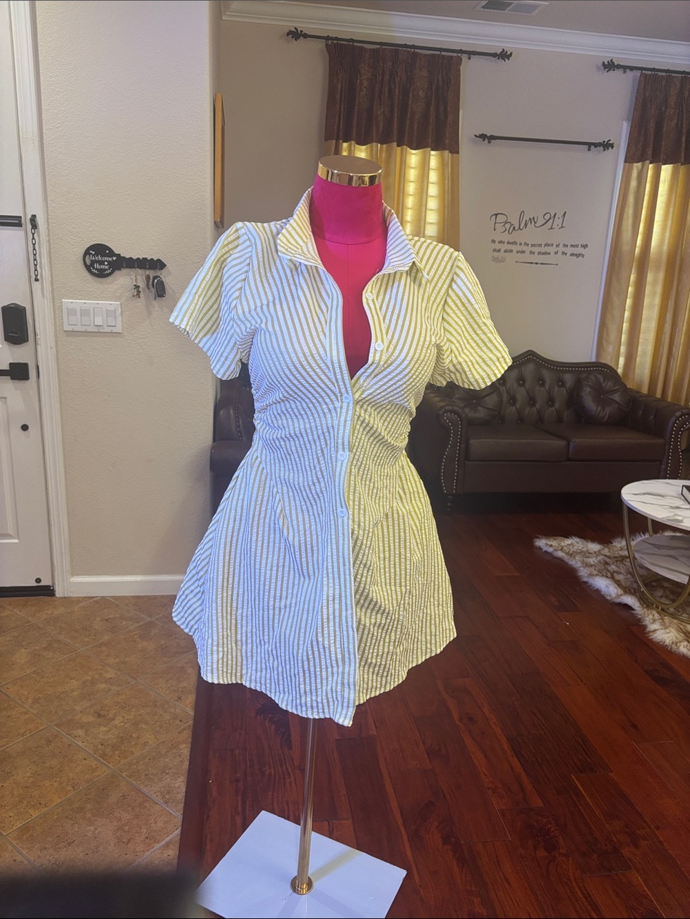 Striped Button-Front Shirtdress in White & Light Blue
